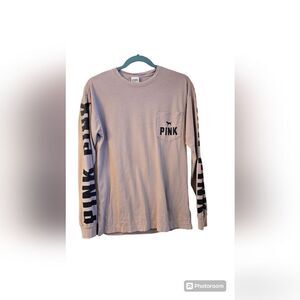 Victoria's Secret PINK Long Sleeve Oversized T-shirt Pink/Tan Black Pocket XS